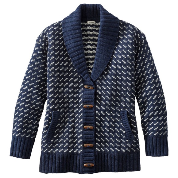L.L. Bean Classic Ragg Wool Sweater, Cardigan Bird's-Eye Navy and White - Picture 1 of 7